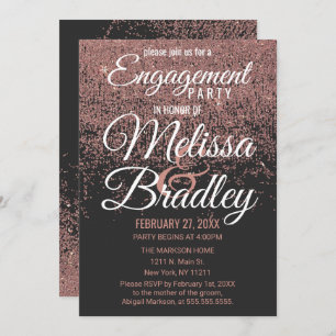 Rose Gold Glitter Sparkles Black Engagement Invitation