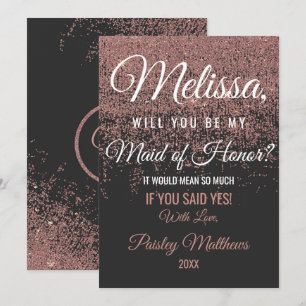 Rose Gold Glitter Sparkles Black Maid of Honour Invitation