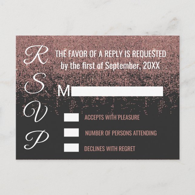 Rose Gold Glitter Sparkles Black RSVPs Invitation Postcard (Front)