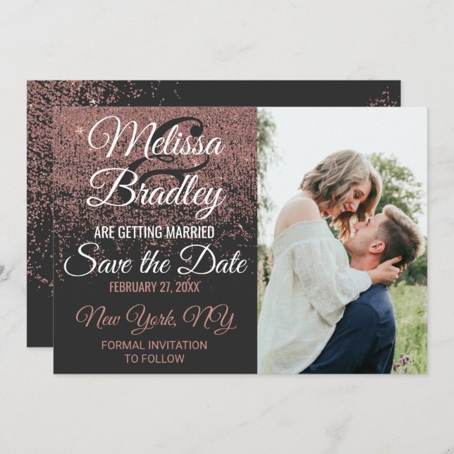 Rose Gold Glitter Sparkles Black Save the Dates Invitation (Front/Back)