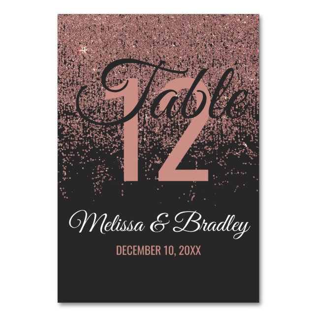 Rose Gold Glitter Sparkles Black Table Numbers (Front)