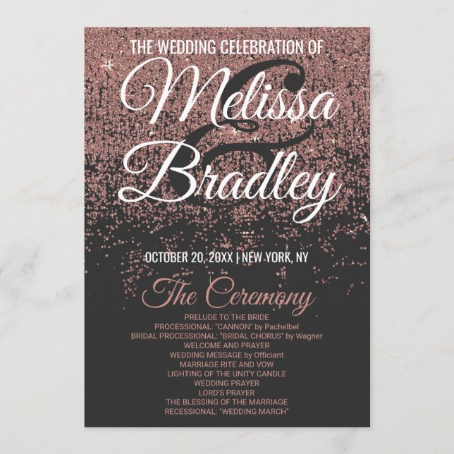 Rose Gold Glitter Sparkles Black Wedding Programs (Front)