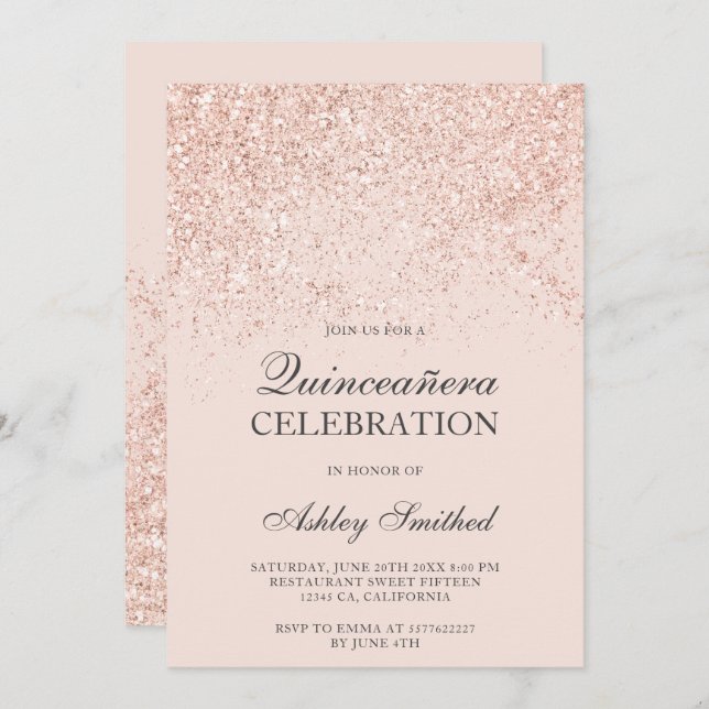 Rose gold glitter sparkles blush chic Quinceañera Invitation (Front/Back)