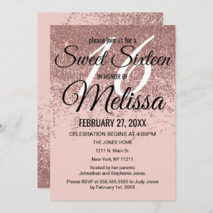 Rose Gold Glitter Sparkles Blush Pink Sweet 16 Invitation