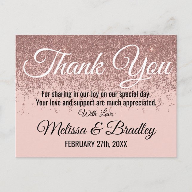 Rose Gold Glitter Sparkles Blush Pink Thank You Postcard (Front)