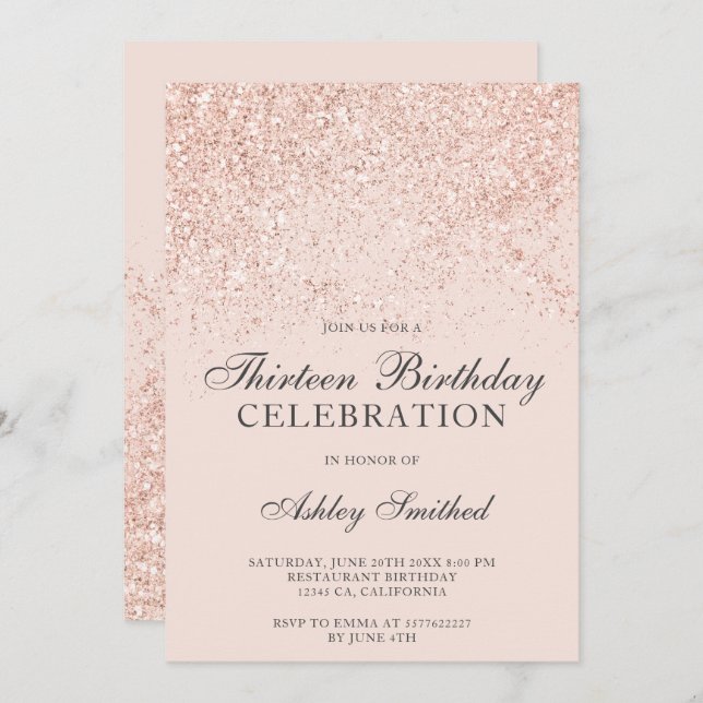 Rose gold glitter sparkles blush thirteen invitation (Front/Back)