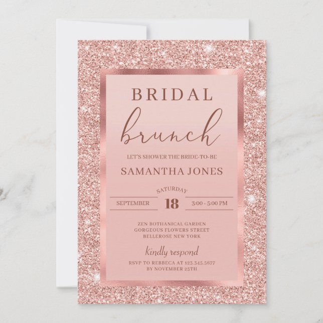 Rose gold glitter sparkles glamour bridal brunch invitation (Front)