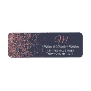 Rose Gold Glitter Sparkles Navy Blue Address Return Address Label