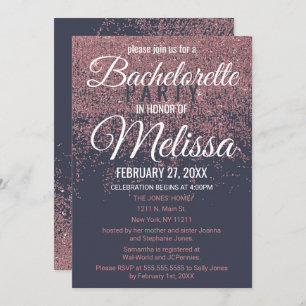 Rose Gold Glitter Sparkles Navy Blue Bachelorette Invitation