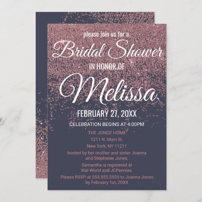 Rose Gold Glitter Sparkles Navy Blue Bridal Shower Invitation (Front/Back)