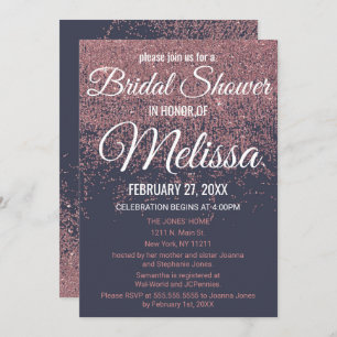 Rose Gold Glitter Sparkles Navy Blue Bridal Shower Invitation