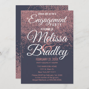 Rose Gold Glitter Sparkles Navy Blue Engagement Invitation