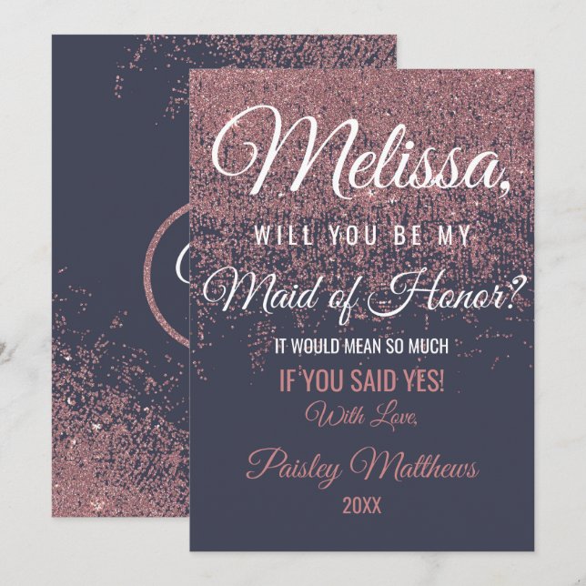 Rose Gold Glitter Sparkles Navy Blue Maid of Honou Invitation (Front/Back)