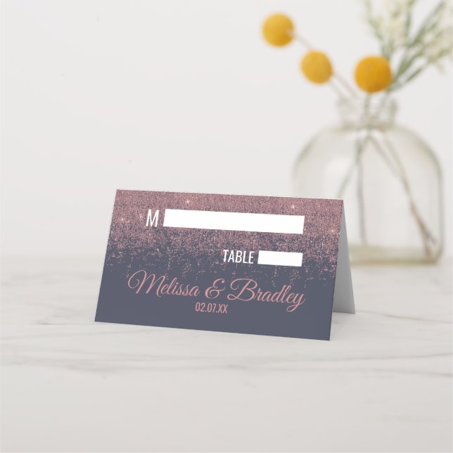 Rose Gold Glitter Sparkles Navy Blue Place Cards (Front)