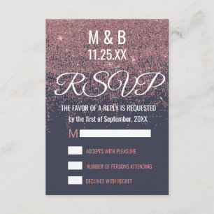 Rose Gold Glitter Sparkles Navy Blue RSVP Card
