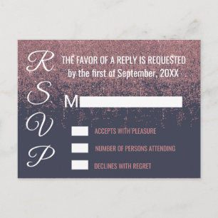 Rose Gold Glitter Sparkles Navy Blue RSVPs Invitation Postcard