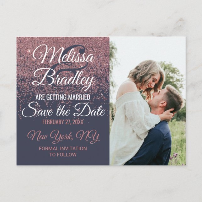 Rose Gold Glitter Sparkles Navy Blue Save Dates Announcement Postcard (Front)