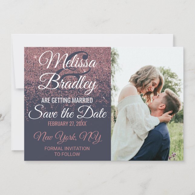 Rose Gold Glitter Sparkles Navy Blue Save Dates Invitation (Front)
