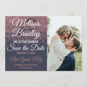 Rose Gold Glitter Sparkles Navy Blue Save Dates Invitation
