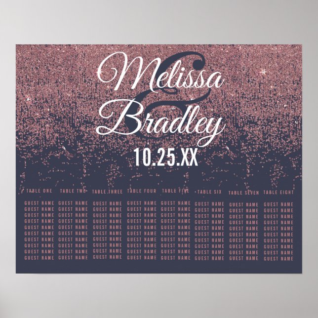 Rose Gold Glitter Sparkles Navy Blue Seating Chart (Front)