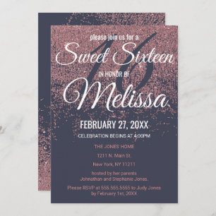 Rose Gold Glitter Sparkles Navy Blue Sweet 16 Invitation