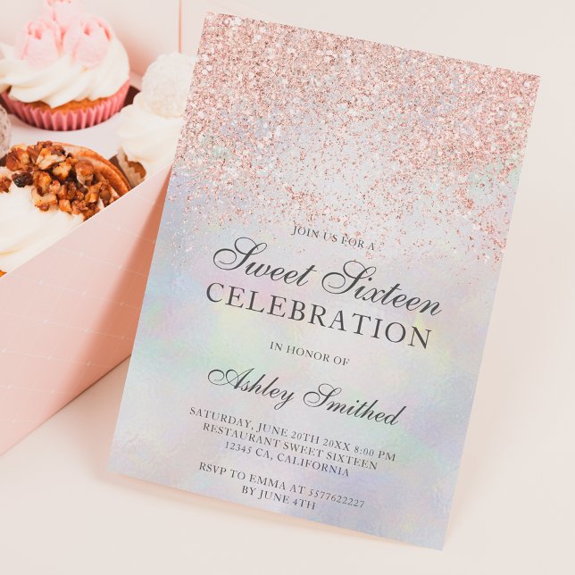 Rose gold glitter sparkles pearl nacre sweet 16 invitation (Creator Uploaded)