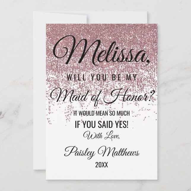 Rose Gold Glitter Sparkles White Maid of Honour Invitation (Front)