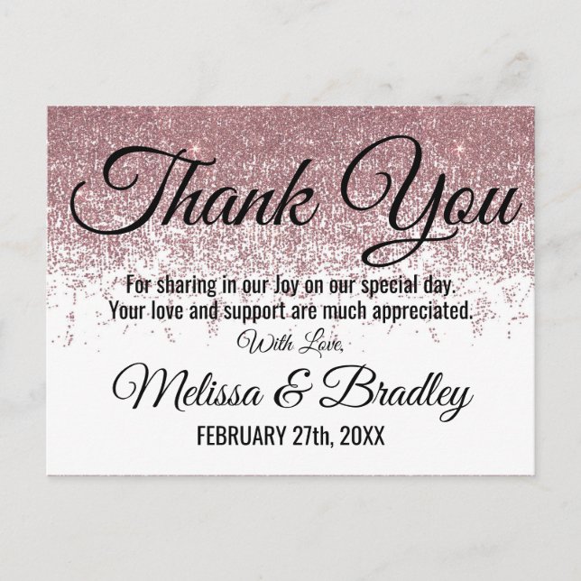 Rose Gold Glitter Sparkles White Thank You Postcard (Front)