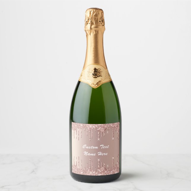 Rose Gold Glitter Sparkling Wine Label Custom Text (Front)