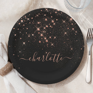 Rose Gold Glitter Sparkly Elegant Glamourous Scrip Paper Plate