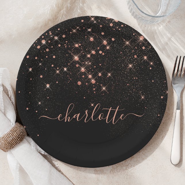 Rose Gold Glitter Sparkly Elegant Glamourous Scrip Paper Plate (Creator Uploaded)