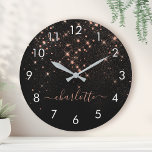 Rose Gold Glitter Sparkly Elegant Glamourous Scrip Round Clock<br><div class="desc">Create your own personalised black and rose gold diamond sparkle large clock with your custom modern handwritten script name.</div>