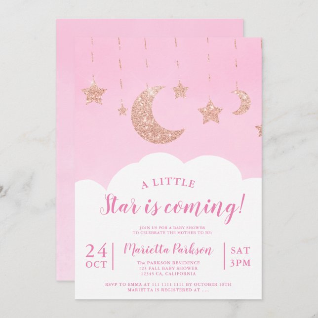 Rose gold glitter star moon cloud pink baby shower invitation (Front/Back)