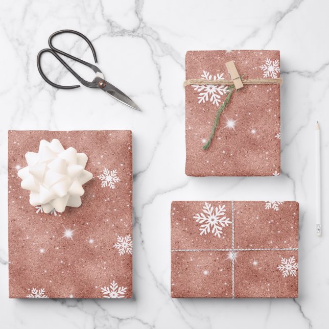 Rose Gold Glitter Stars Snowflakes Pattern Wrapping Paper Sheet (Front)