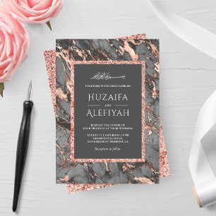 Rose Gold Glitter Steel Grey Marble Muslim Wedding Invitation