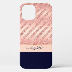 Rose Gold Glitter Stripes Navy Glam Personalised iPhone 12 Case