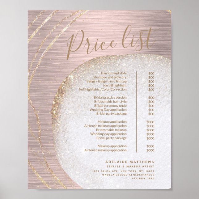 Rose Gold Glitter Stylist Salon Price List Menu Poster (Front)