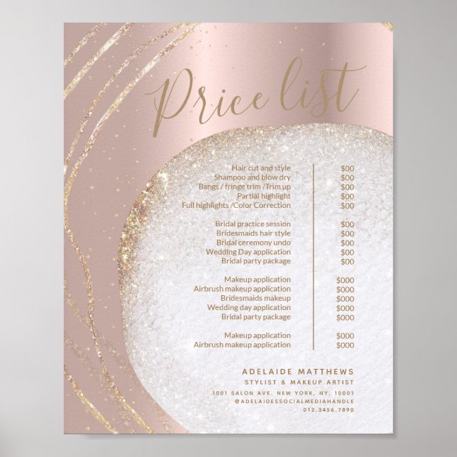 Rose Gold Glitter Stylist Salon Price List Menu Poster (Front)