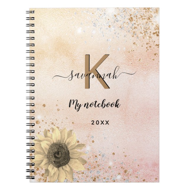 Rose gold glitter sunflower monogram name notebook (Front)
