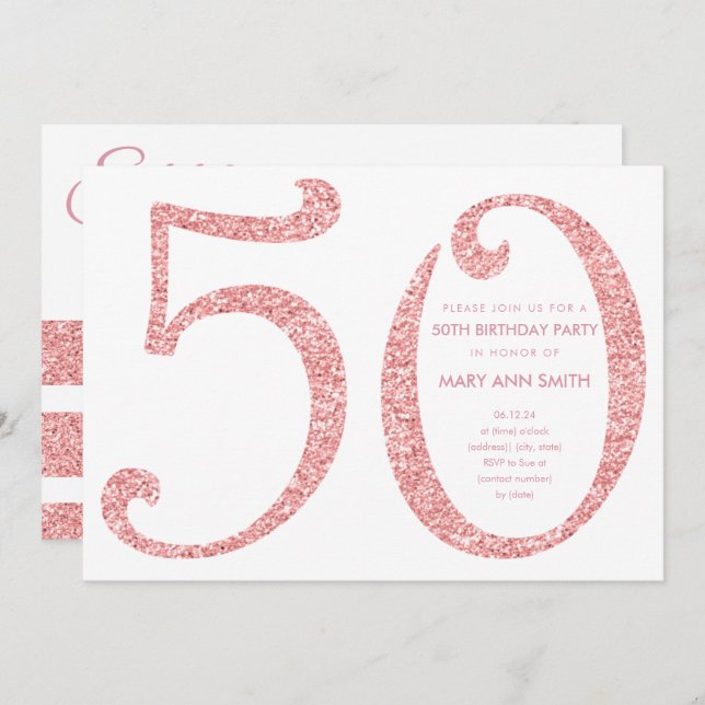 Rose Gold Glitter Surprise 50th Birthday Invitation (Front/Back)