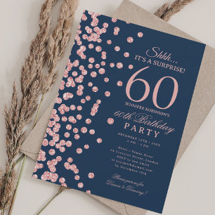 Rose Gold Glitter Surprise 60th Birthday Navy Blue Invitation