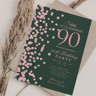 Rose Gold Glitter Surprise 90th Birthday Green  Invitation