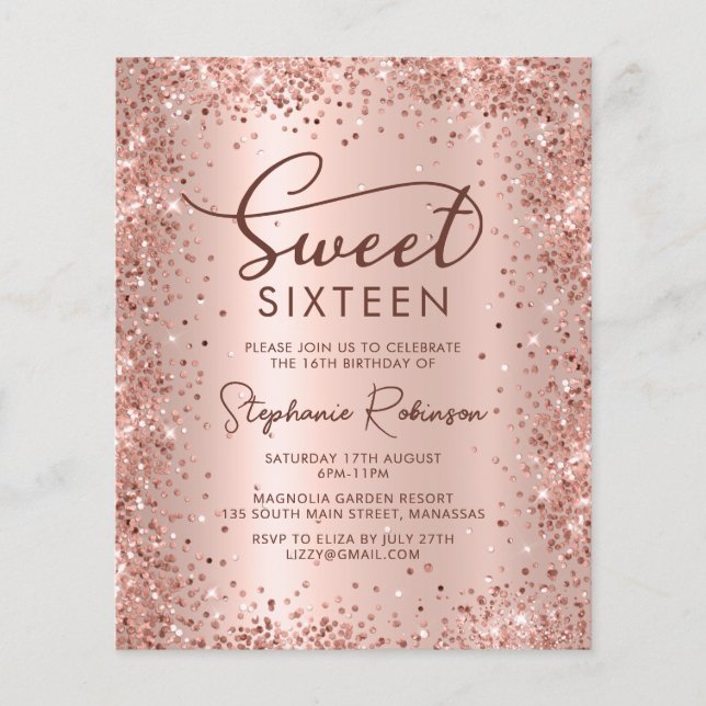 Rose Gold Glitter Sweet 16 Birthday Invitation (Front)