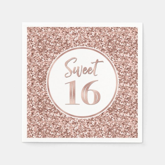 Rose Gold Glitter Sweet 16 Birthday Napkin (Front)