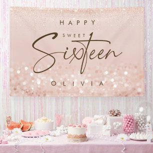 Rose Gold Glitter Sweet 16 Birthday Party Banner