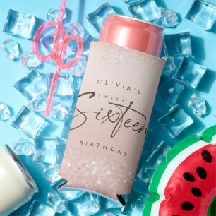 Rose Gold Glitter Sweet 16 Birthday Party Seltzer Can Cooler