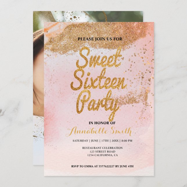 rose gold glitter sweet 16 invitation (Front/Back)
