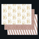 Rose Gold Glitter Sweet 16 Personalised Pink Wrapping Paper Sheet<br><div class="desc">A set of sweet 16 birthday party wrapping paper sheets with trendy and modern rose gold glitter and one sheet personalised with the name of the birthday girl turning sixteen. Type the name once and it will fill in the repeating pattern of large gold 16 and "Happy Birthday" text.</div>