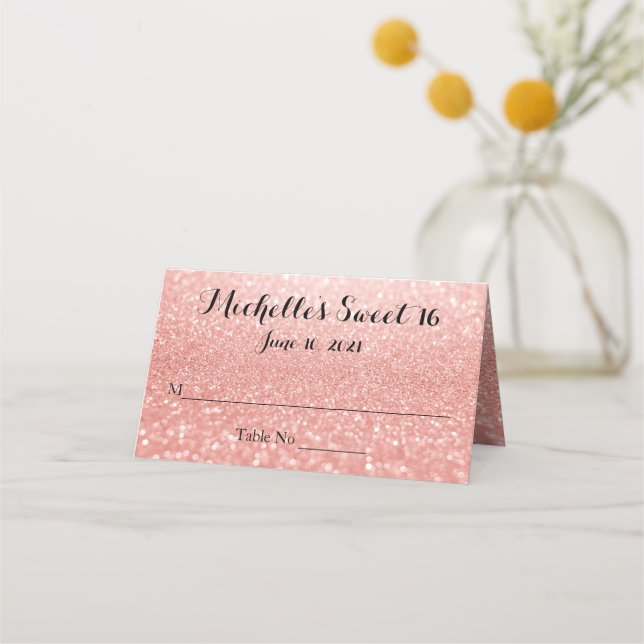 Rose Gold Glitter Sweet 16 Personalised Place Card (Front)