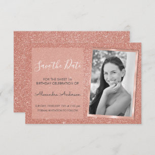 Rose Gold Glitter Sweet 16 Save the Date Invitation